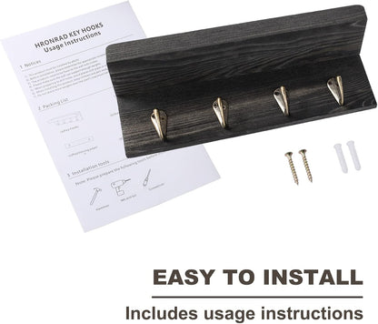 HRONRAD Rustic Key Holder for Wall, Farmhouse Wall Shelf with 4 Hooks, Wall Mounted Key Racks, Wooden Mail Organizer with Hooks for Entryway (Brown - Pine)