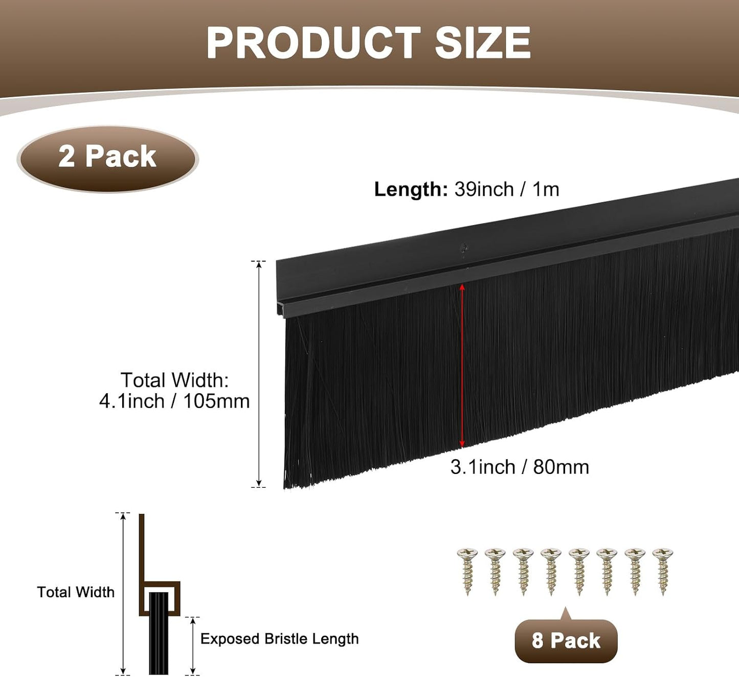 M METERXITY 2Pack Door Sweep - 39" Door Bottom Brush Heavy Duty Seal Draft Stopper Aluminum Base with 20mm Brush, Adhesive/Screw Installation for Interior/Exterior/Garage/Sliding Doors, Black