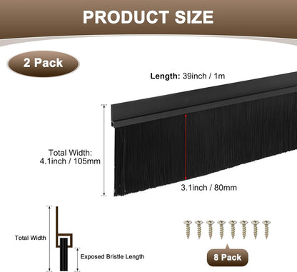 M METERXITY 2Pack Door Sweep - 39" Door Bottom Brush Heavy Duty Seal Draft Stopper Aluminum Base with 20mm Brush, Adhesive/Screw Installation for Interior/Exterior/Garage/Sliding Doors, Black