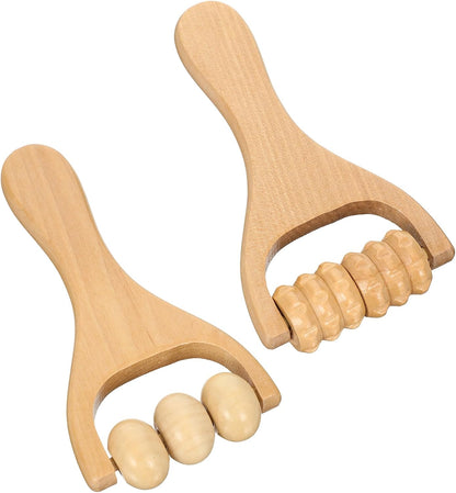 2 Pcs Wooden Massage Roller Handheld Bead Massage Tool for Muscle Relief, Body Care Manual Tool for Neck Back Leg Foot, Handheld 3 Bead Gear Roller for Home Gym Travel