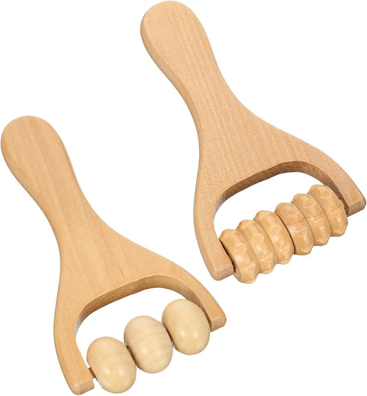 2 Pcs Wooden Massage Roller Handheld Bead Massage Tool for Muscle Relief | Body Care Manual Tool for Neck Back Leg Foot, Handheld 3 Bead Gear Roller for Home Gym Travel