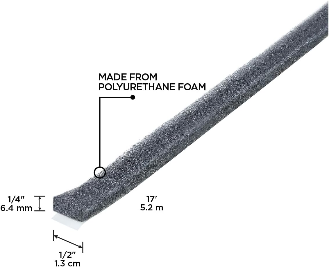 MD Building Foam Window Seal for Ex-Large Gaps, Gray, 17ft | Open-Cell Polyurethane Foam, Self-Adhesive Backing, Cut-to-Length Scissors, Seals Drafts Moisture Dust Insects