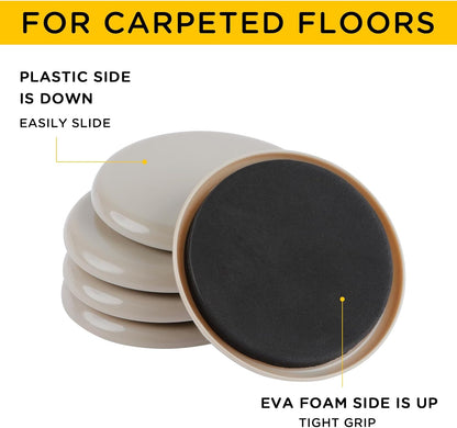 Furniture Sliders for Carpet, new space 8 Pcs 5" Round Sliders for Moving Furniture, Heavy-Duty Furniture Moving Sliders - Reusable Furniture Sliders, Move Your Furniture Quickly, Easily and Safe!