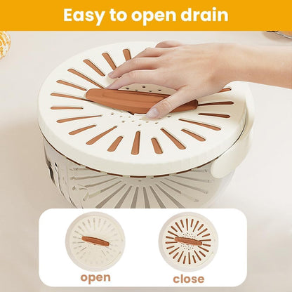 Fruit Washing Wowl with Strainer, 2026 New Multipurpose Drain Basket with Lid, 2 in 1 Fruit Drainer Container with Foldable Handle for Refrigerator Kitchen (White, 1PCS)
