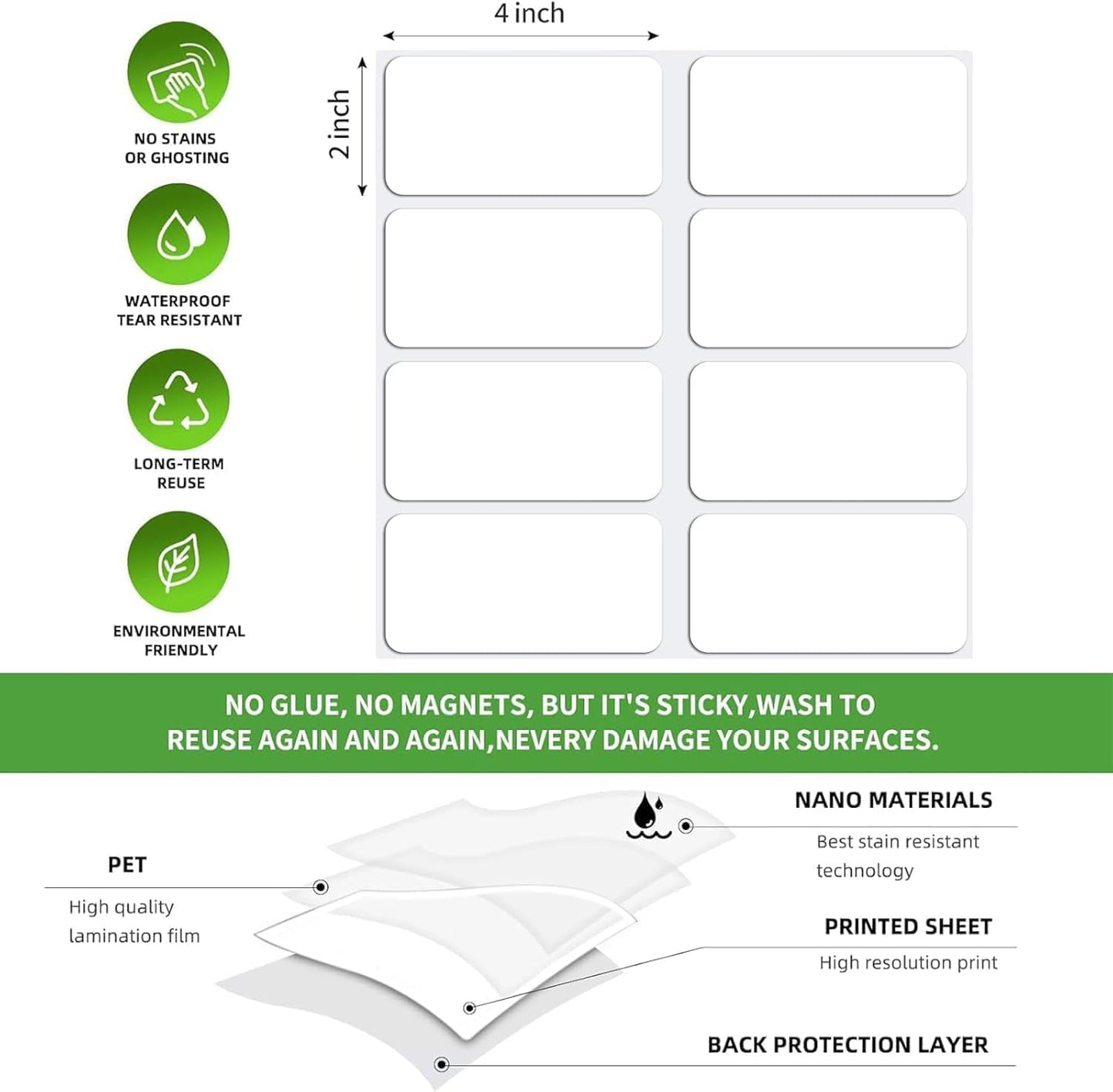 SVNOOC Dry Erase Stickers for Whiteboard Desk Refrigerator Home Office 4x6 in, Reusables Labels for Storage Bins (6 Pack)