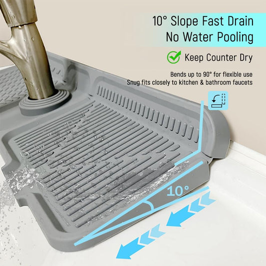 17.3" Silicone Faucet Mat for Kitchen Sink, Splash Guard with 2 Cleaning Brushes, Anti-Slip Suction Cups, 10° Slope Fast-Drain Countertop Protector, Grey