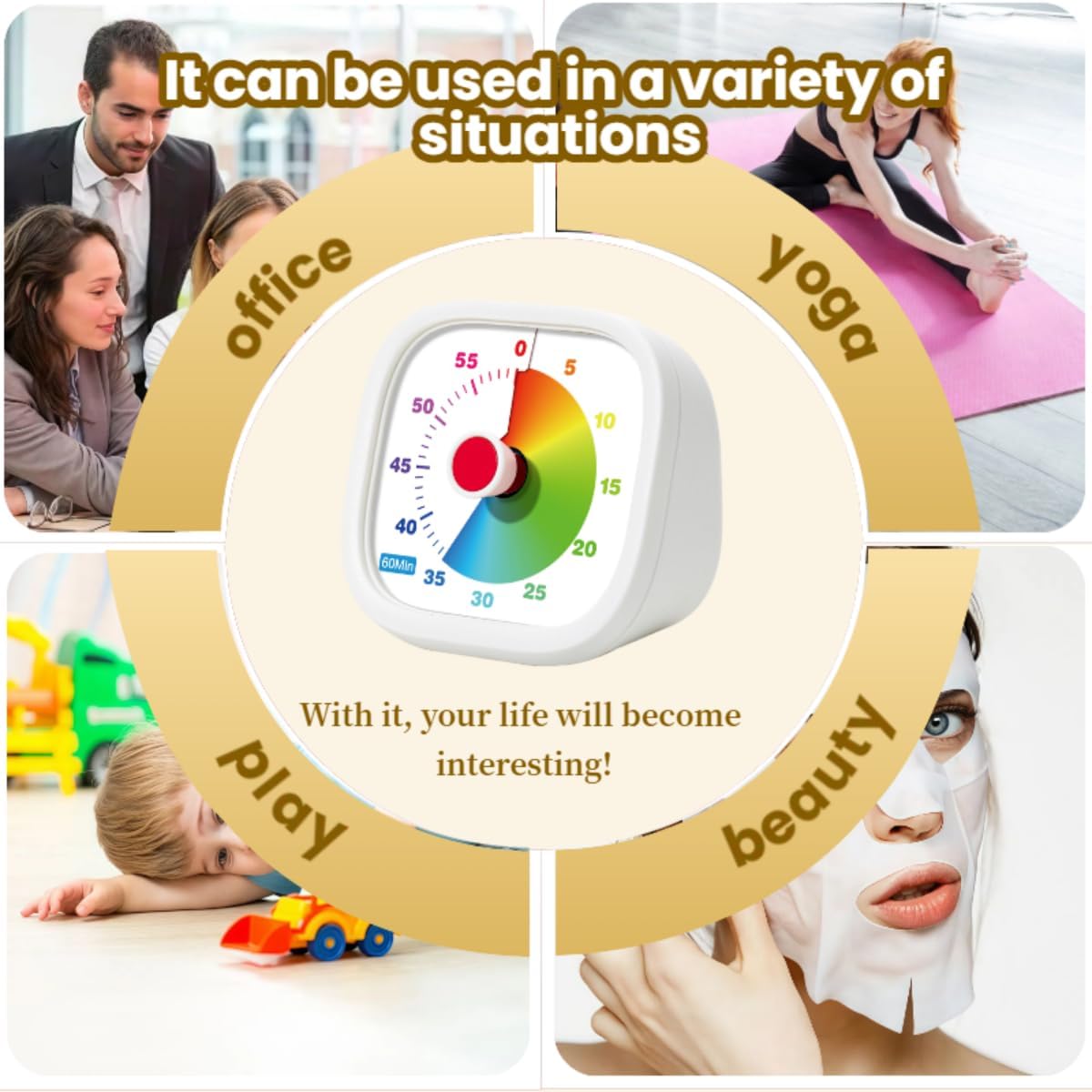 Visual Timer for Kids, 60 Minutes Countdown Timer for Kitchen, Office, Classroom, Home, Study, Task Reminder, No Ticking Time Timer, Time Manager (White)