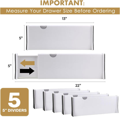 RAPTUROUS Adjustable Deep Drawer Divider – 6" Tall, Expandable 13-22", 4-Pack, Non-Slip Drawer Dividers for Clothes, Dresser, Kitchen & Office Organization (White)