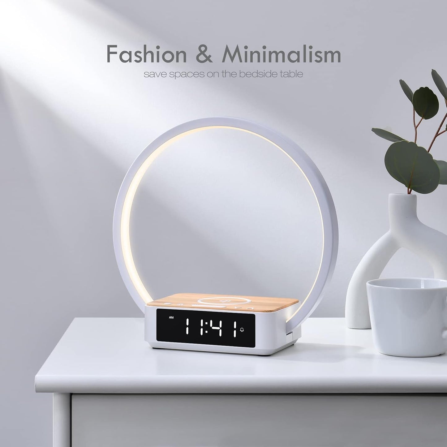 WILIT Bedside Lamp with Alarm Clock,Touch Lamp with Wireless Charger,Nightlight for Bedroom,Sunrise Wake-up Light,3-Grade Dimmable,Birthday Gifts for Her,Women,Men,Mom,Daughter,Girlfriend(Wood Grain)