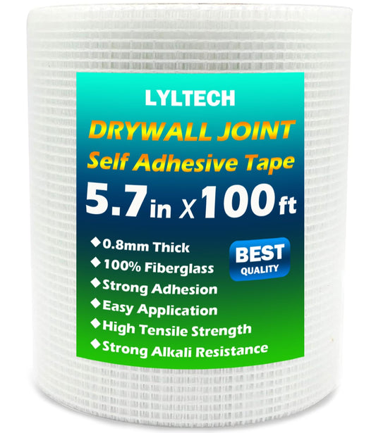 LYLTECH Fiberglass Drywall Mesh Tape 5.7in x 100ft Self-Adhesive Mesh | 13 Mesh 100% Fiberglass,Heavy-Duty Wall Crack & Seam Repair Patch for Drywall Plaster Ceiling