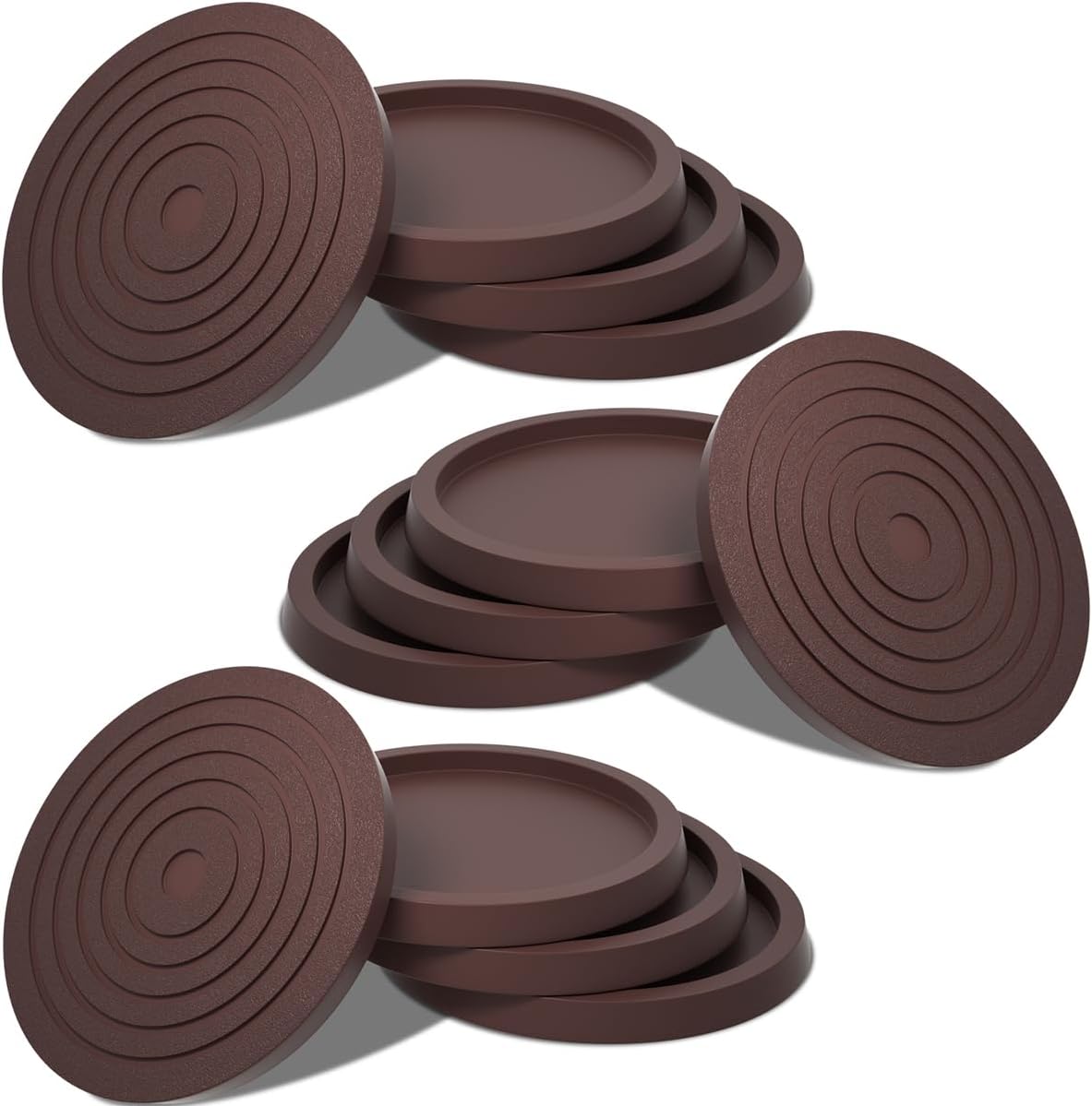 12Pcs 2.5in Furniture Coasters Non-Slip Bed Leg Pads Round Rubber Anti Sliding Caster Cups for Hardwood Floors Brown