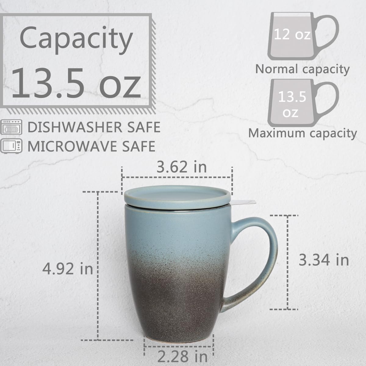Bosmarlin Ceramic Tea Cup with Infuser and Lid, 13.5 Oz, Loose Leaf Tea Steeper Mug with Strainer, Microwave and Dishwasher Safe, Reactive Glaze (13.5 Oz, Pale Green)