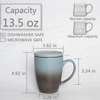 Bosmarlin Ceramic Tea Cup with Infuser and Lid, 13.5 Oz, Loose Leaf Tea Steeper Mug with Strainer, Microwave and Dishwasher Safe, Reactive Glaze (13.5 Oz, Pale Green)