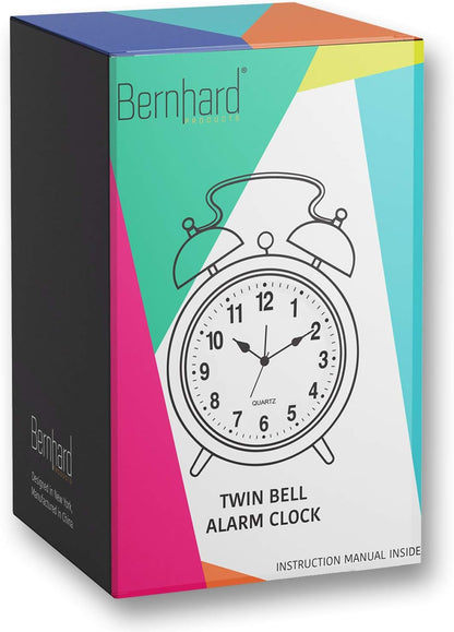 Bernhard Products Analog Alarm Clock 4" Twin Bell Vintage Navy Blue Silent Non-Ticking Quartz Battery Operated Extra Loud with Backlight for Bedside Table Desk, Retro Old Fashioned for Heavy Sleepers