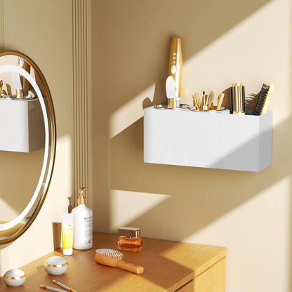 NIUBEE Hair Tool Organizer Wall Mount, Hair Dryer Holder for Bathroom,White | Acrylic Hair Organizer Storage Countertop, Blow Dryer Holder, Hot Tools Organizer for Curling Iron, Brush, 2 Stainless Cups