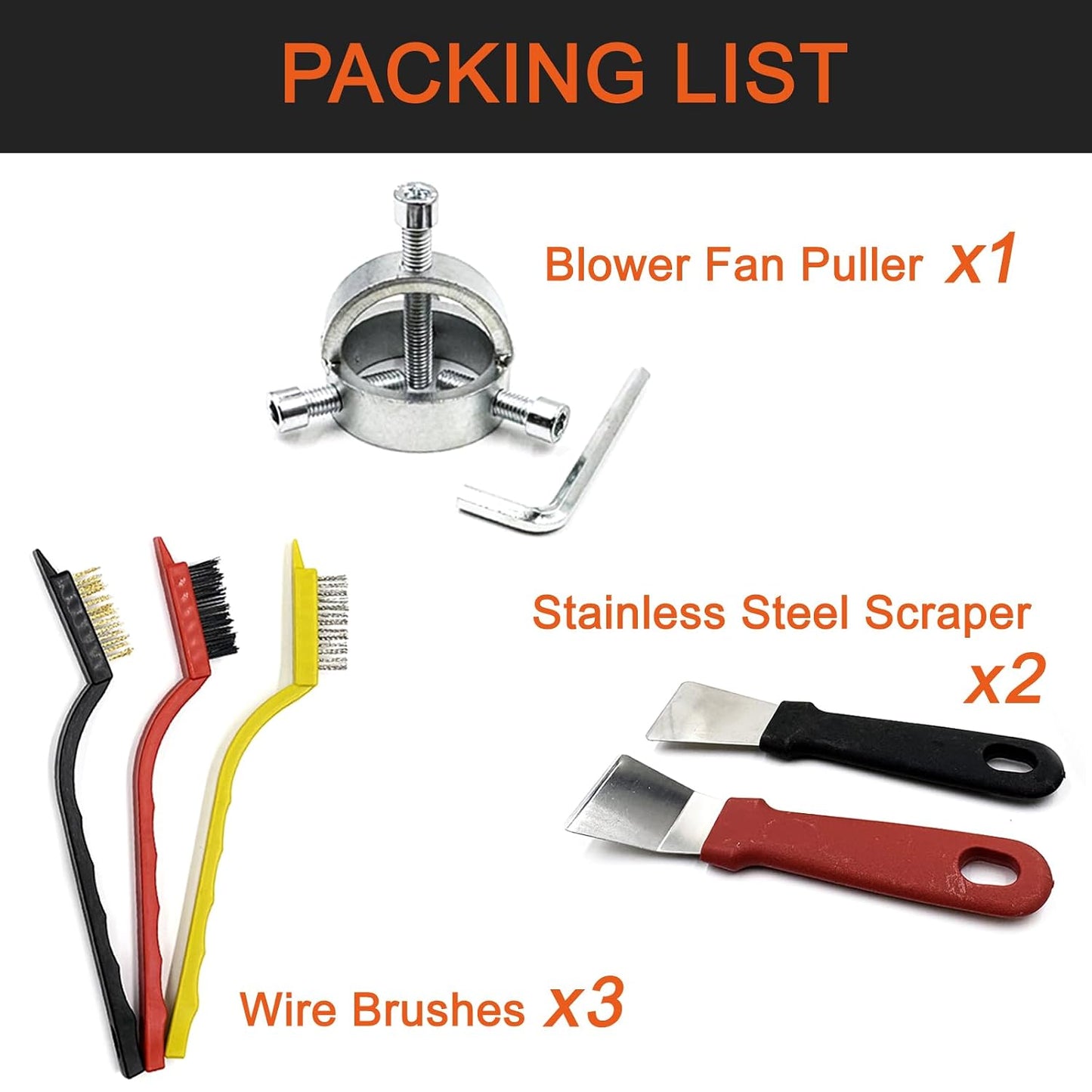 Fan Blade Blower Wheel Puller Kit,1Pcs Blower Fan Puller+3Pcs Small Wire Brushes+2Pcs Stainless Steel Scraper,Range Hood Cleaning Wind Wheel Removal Tool Pull Appliance Disassemble Hand Tools