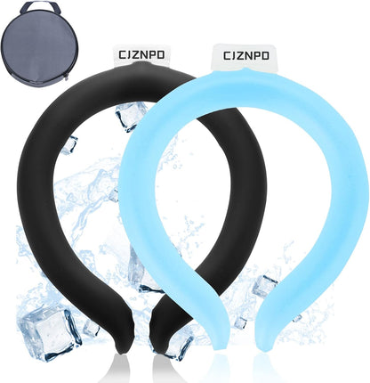 2PCS PCM Neck Cooling Tube with Insulated Bag, Reusable Ice Ring Neck Cooler Wrap, Wearable Neck & Shoulder Cooling Ring for Hot Weather Outdoor Work, TPU Freezable Collar (Blue+Black)