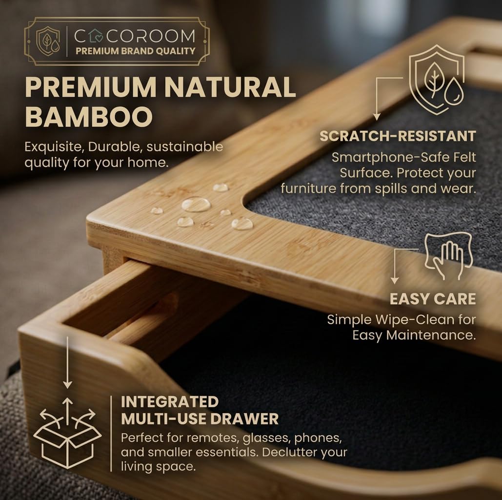 Sofa Arm Tray with Drawer, Bamboo Couch Armrest Table, Natural | Anti-slip phone pad | Wood finish | Hidden storage for remote, glasses, snacks | Fits armchair, recliner, chair, arm rests