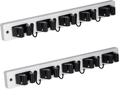 FunCee Broom Holder Wall Mount With 5 Slots & 4 Hooks，Rustic Wood Broom & Mop Hanger，Wall Mounted Garden & Garage Tool Storage Organizer Rack for Closet Laundry Room or Kitchen Wall Decor