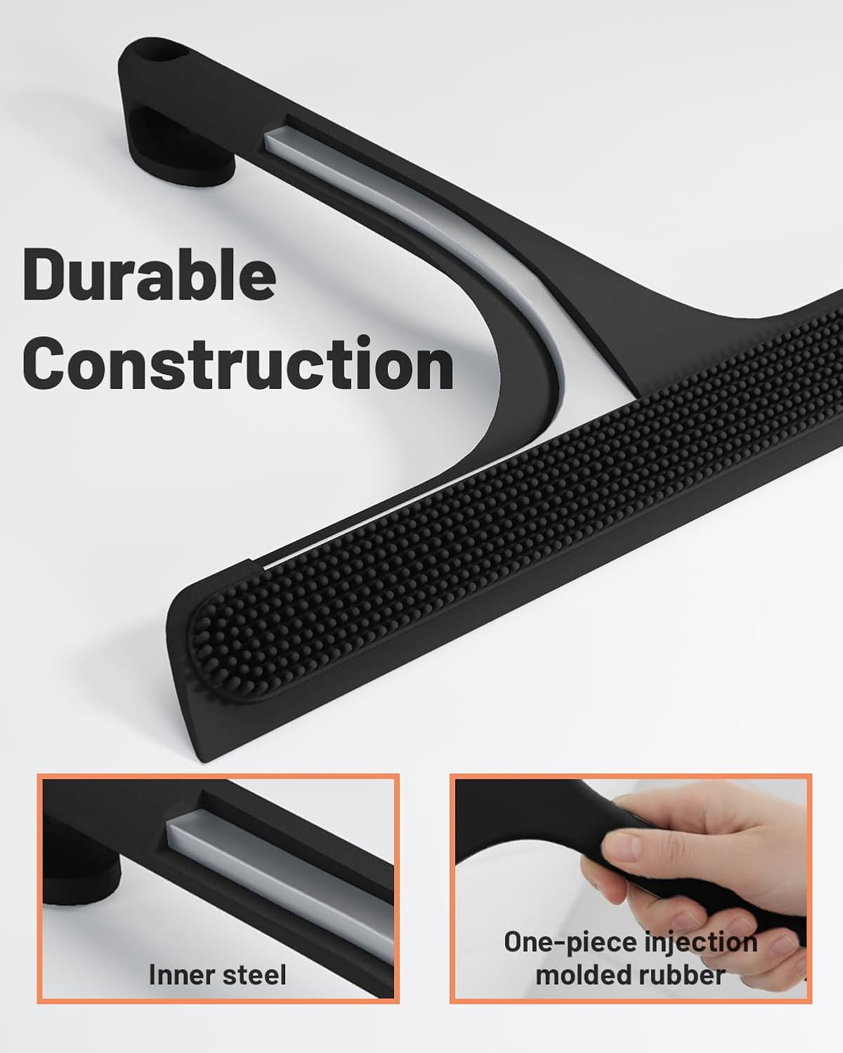 2-in-1 Silicone Shower Squeegee with Hook,Dual-Sided Design with Scraper & Scrub Surface,Rust-Proof Stainless Core,Streak-Free Bathroom Squeegee for Glass Doors,Mirrors,Windows,Car Windshields (Black)