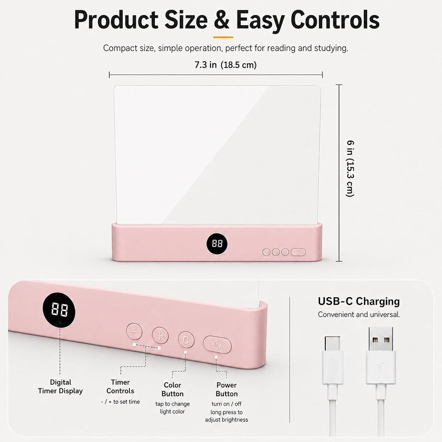 Book Light for Reading in Bed, Rechargeable LED Flat Book Light with Clear Full Page Panel, 3 Color Temperatures, Stepless Dimming, 1–99 Min Timer, 1200mAh USB-C Bookmark Light for Book Lovers(Pink)