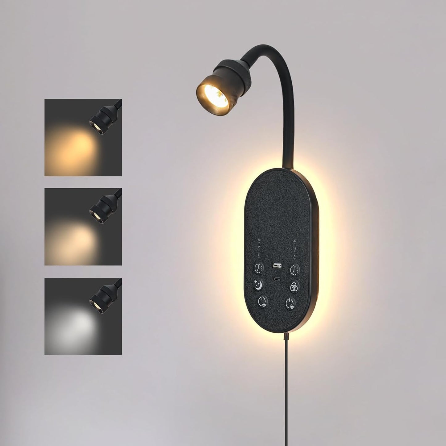 LED Wall Mounted Reading Light for Bed, Book Light for Reading with Touch Control, Stepless Dimmable, Flexible Gooseneck Bed Light with USB C+A, Night Light & Timers Function (White)