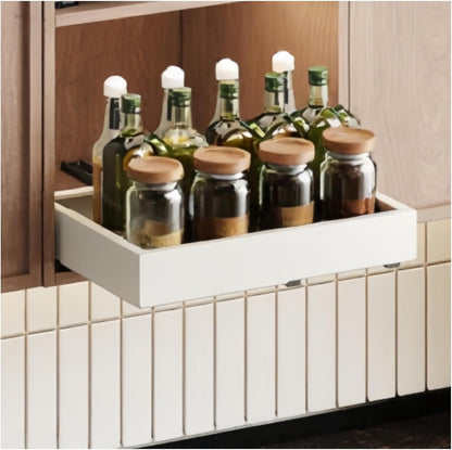 Fokyfok Pull Out Cabinet Organizer,23"-31"W,17"-24"D,Expandable,Adhesive | No Drill,5 Rails,Adjustable Slide out Drawers for Kitchen,Pantry,Roll out Shelves,Cabinets Without Lip,Framless,White,1PC