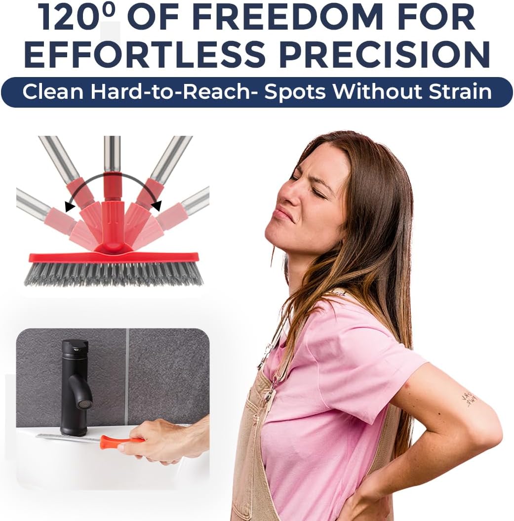 Foxtrot Living Grout Brush with Long Handle and Crevice Cleaning Brush Set | V-shaped, telescopic handle, crevice cleaning included, Grout cleaner for tile floors