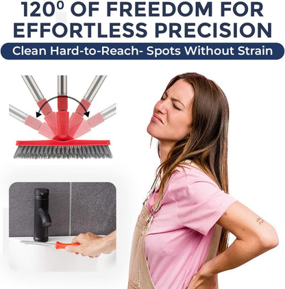 Foxtrot Living Grout Brush with Long Handle and Crevice Cleaning Brush Set | V-shaped, telescopic handle, crevice cleaning included, Grout cleaner for tile floors