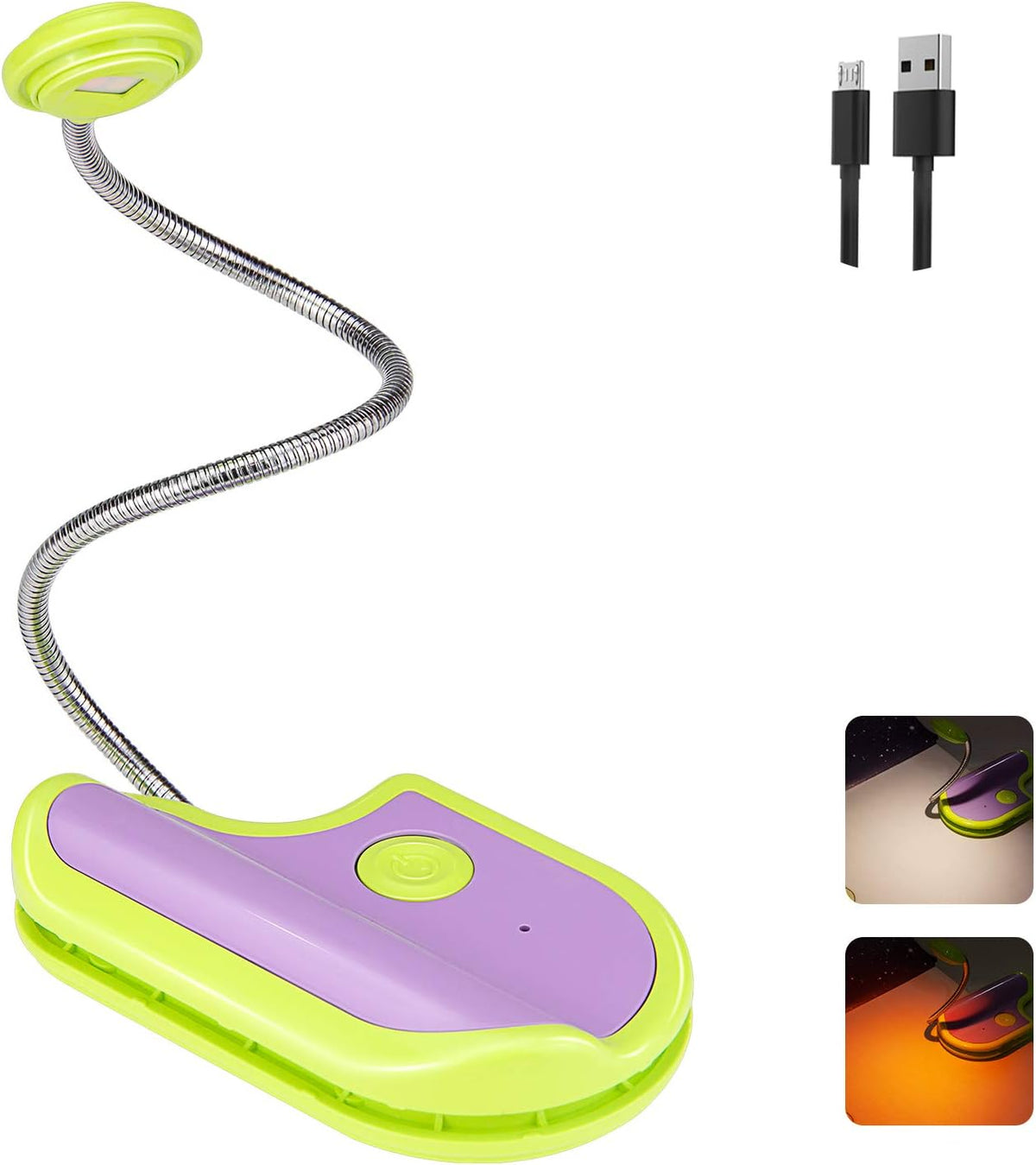 BIGMONAT Rechargeable Reading Light for Kids,Small Amber Book Reading Lights,Multi Colors Portable LED Reading Lamp with 360° Rotary Light Neck,Wireless Clip Reading Lighting for Books (Green)