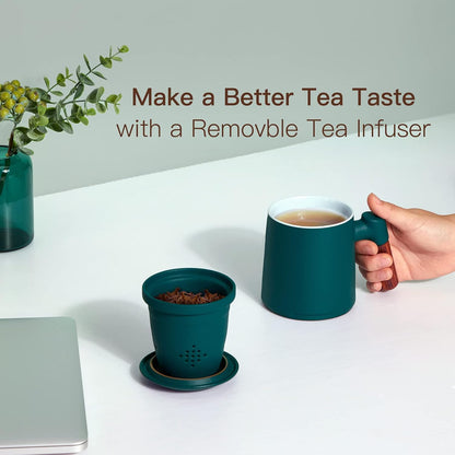 ZENS Tea Mug with Infuser and Lid for Loose Leaf Tea Steeper, 16.9oz Moss | Embossed Ceramic Tea Cup with Infuser for Herbal Tea Difussers, Tea Lovers Gifts, Nature Wood Handle
