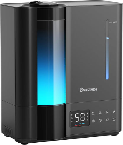 BREEZOME 8L Warm & Cool Mist Humidifier for Large Room 25dB 60H Runtime | Top Fill, 7-Color Mood Light, Smart Auto Humidistat, Essential Oil Tray, Safe Child Lock, 1-24H Timer for Bedroom Baby Plants