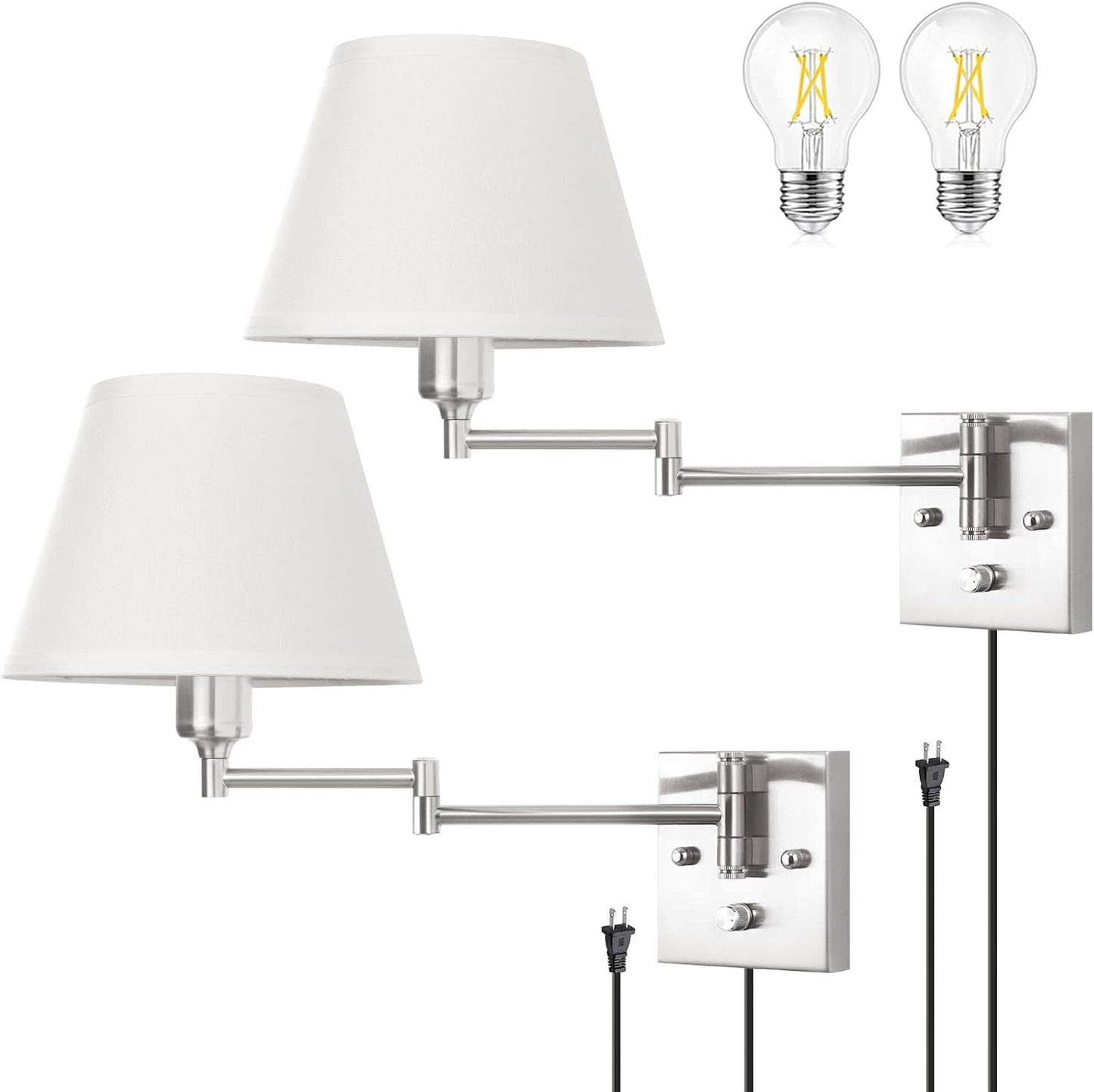 TRLIFE Wall Sconce Plug in, Dimmable Wall Sconces Set of Two Swing Arm Wall Lights with Plug in Cord and On/Off Dimmer Rotary Switch, 9.4" Medium Beige Fabric Shade(2 Pack, 2 Bulbs)