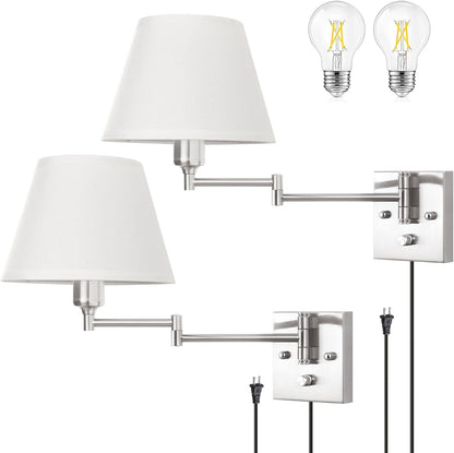 TRLIFE Wall Sconce Plug in, Dimmable Wall Sconces Set of Two Swing Arm Wall Lights with Plug in Cord and On/Off Dimmer Rotary Switch, 9.4" Medium Beige Fabric Shade(2 Pack, 2 Bulbs)