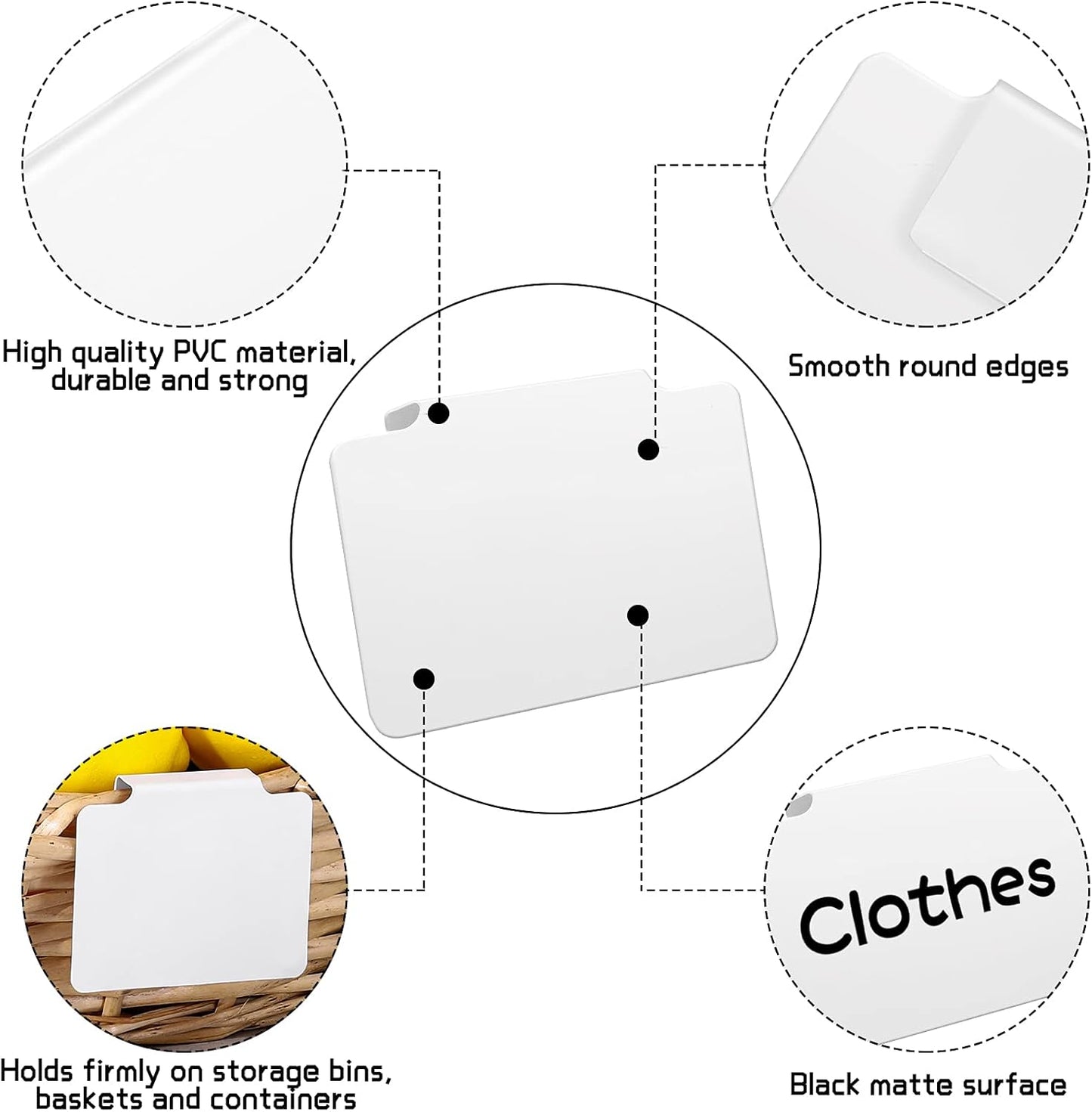 18 Pcs White Basket Labels Clip on, Removable Hanging Bin Labels for Storage Bin with Chalk Markers for Basket Kitchen Pantry