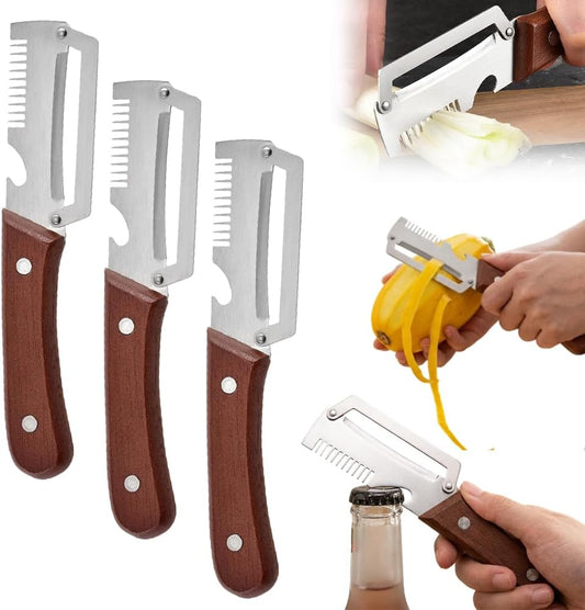 Vegetable Peeler, Multifunctional Peeler with Wooden Handle and Bottle Opener, Stainless Steel Peelers for Kitchen, Multi Functional Vegetable Peeler for Fruit Potato Carrot Pumpkin Zucchini (3-PACK)