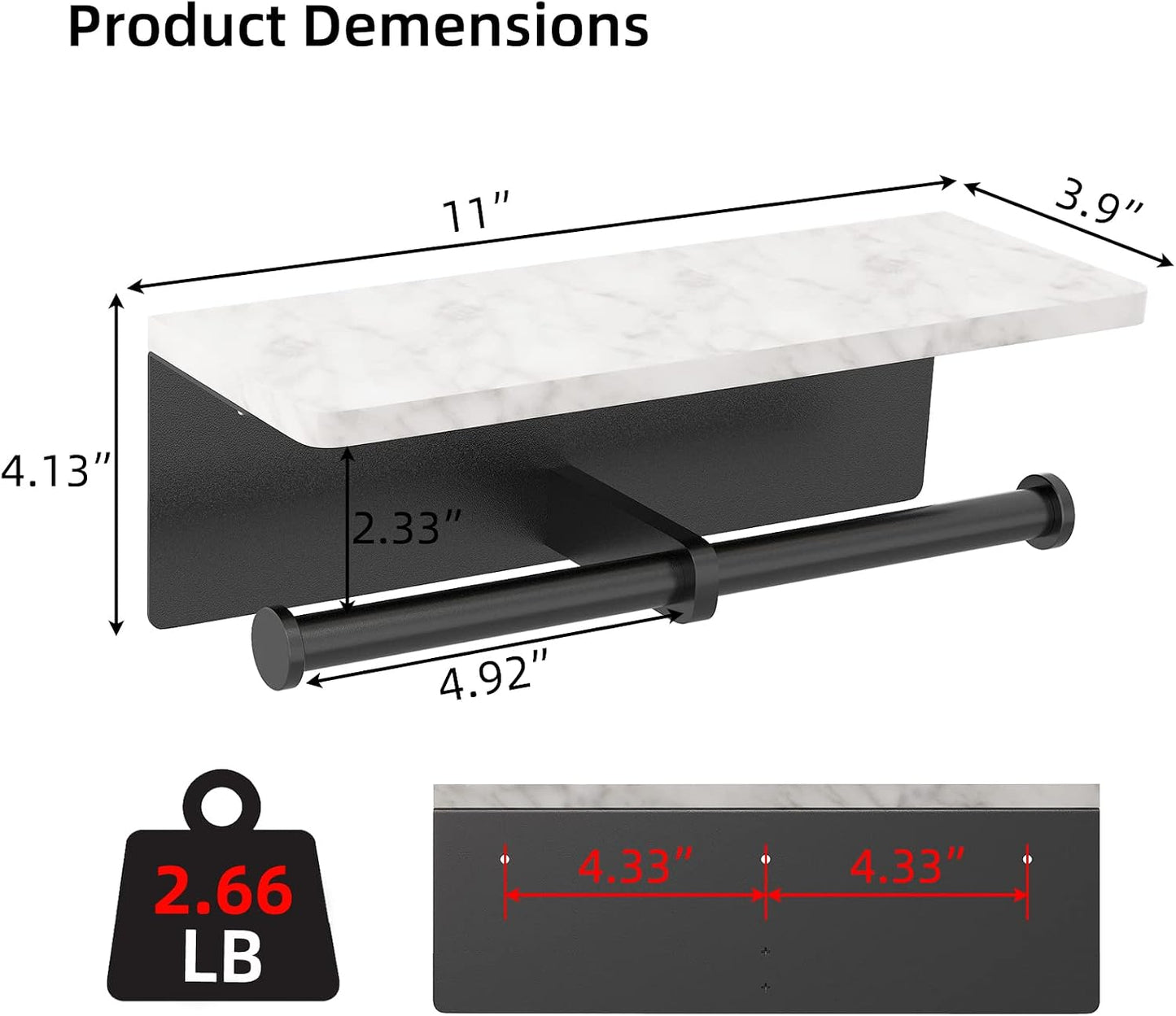 Gypie Marble Toilet Paper Holder with Shelf, Wall Mounted Matte Black | Stainless Steel Tissue Roll Paper Holder Dispenser for Bathroom Washroom