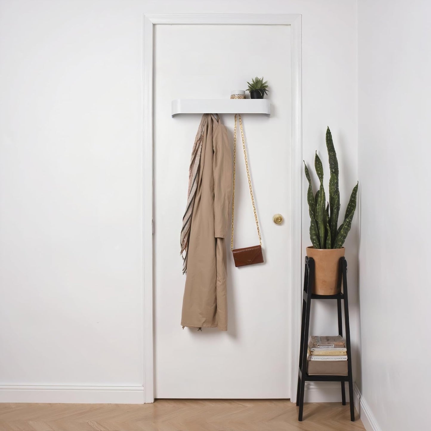 Modern Wall-Mounted Coat Rack with Shelf – Heavy-Duty Steel, 5 Sturdy Hooks, Powder-Coated Finish, Space-Saving Entryway Organizer with Mounting Hardware – Sleek & Minimalist Design (White)