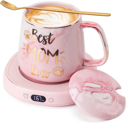 Coffee Mug Warmer & You are Awesome Mug Set, Electric Cup Warmer for Desk | Beverage Warmer Plate for Coffee, Tea, 4 Temperature Setting, 8-Hours Auto Shut Off, 14oz Mug with Spoon & Lid Included