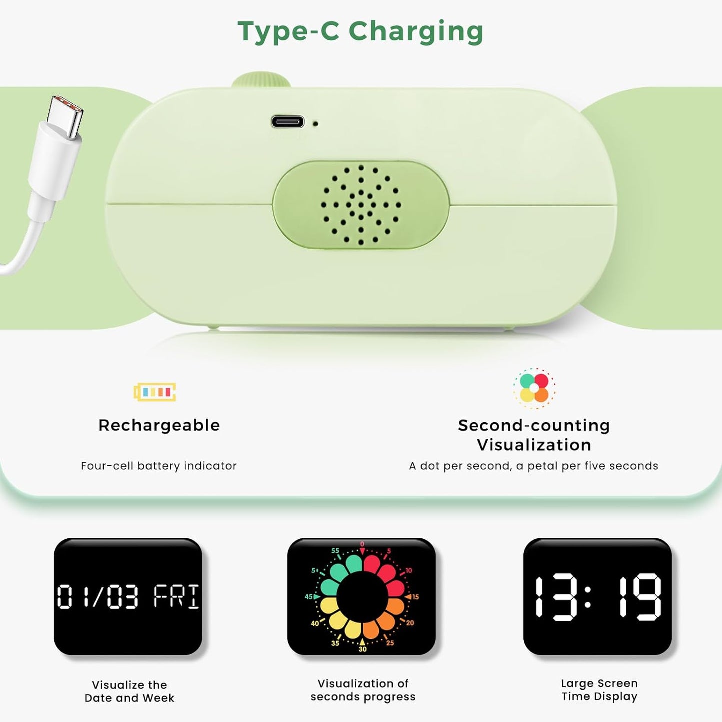 Mooking 3 in 1 Digital Alarm Clock for Bedroom with Visual Timer for Kids | Rechargeable Clock with Multiple Alarms, 199-Minute Timers Silent Non Ticking, Time Management Tools for Home School Study