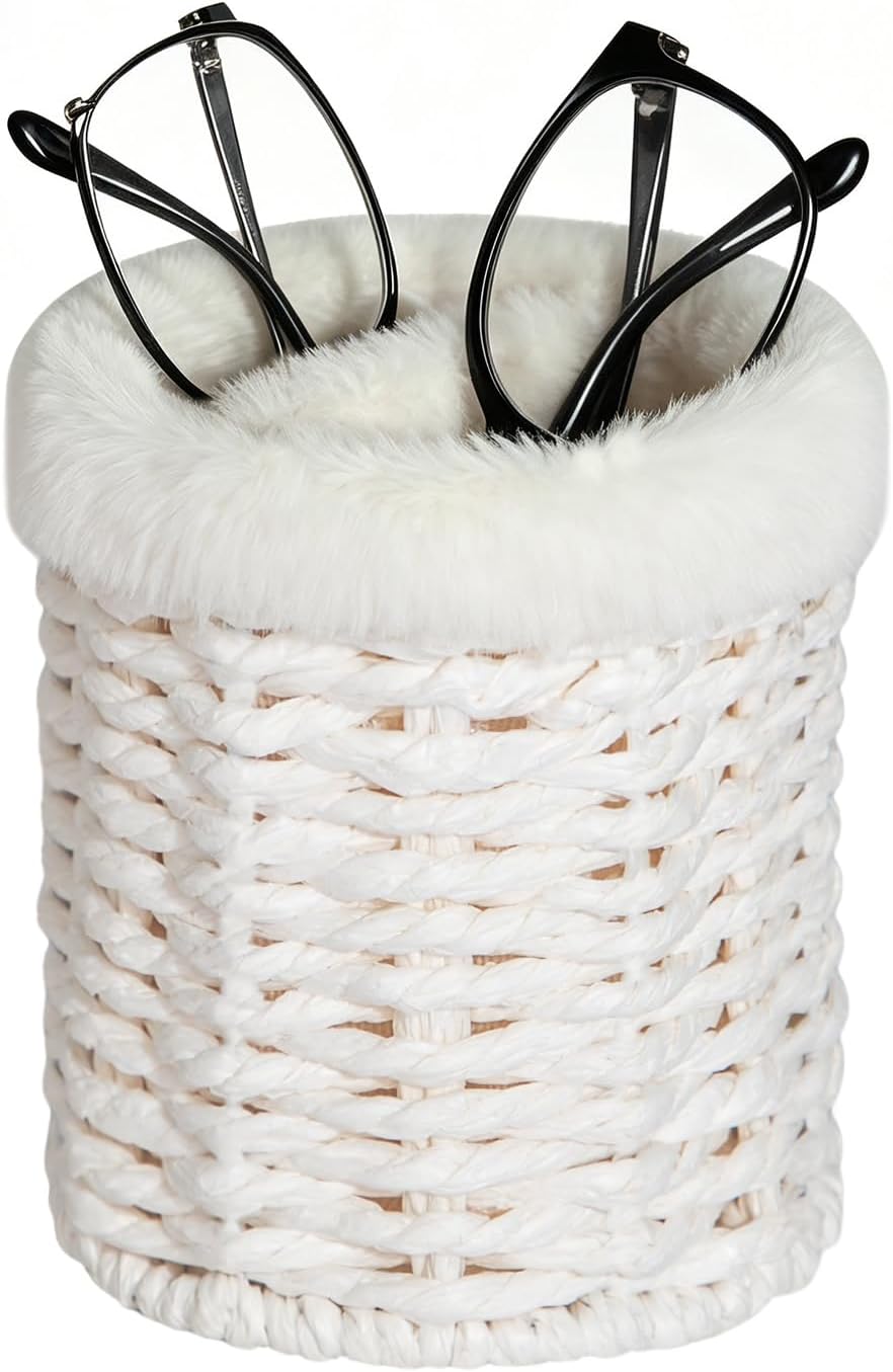 Glasses Holder, 2 Compartment Plush Lined Eyeglass Holder Paper Rope Eye-glasses Storage Organizer for Nightstand