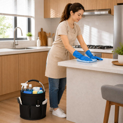 Cleaning Caddy with Handle, 17L Foldable Storage Basket, Heavy Duty 600D Oxford Cloth Organizer, Portable Supply Bag, Multi-Purpose Supplies Caddy for Home, Bathroom, Kitchen, Garden - Black