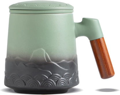 ZENS Tea Mug with Infuser and Lid for Loose Leaf Tea Steeper, 16.9oz Moss | Embossed Ceramic Tea Cup with Infuser for Herbal Tea Difussers, Tea Lovers Gifts, Nature Wood Handle