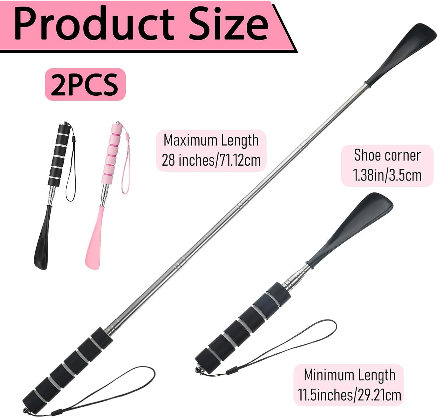 2 PCS Shoe Horn Long Handle for Seniors, Retractable Stainless Steel Foldable Shoe Horn, Adjustable Length Shoes Helper for Travel Women (Black, Pink)