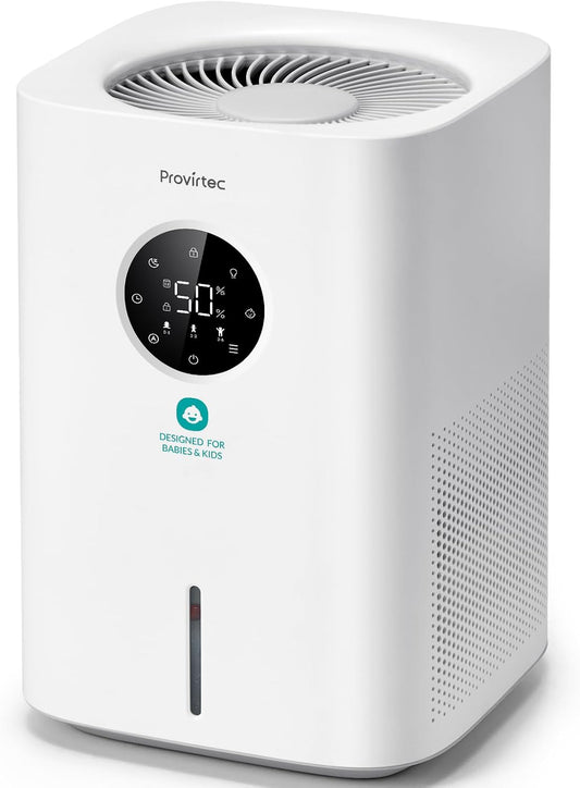 Provirtec Pro Baby Evaporative Humidifier for Bedroom, Easy Clean for Kids | MistFree & No White Dust, 3 Age-Modes, BPA-Free, 16dB Quiet Sleep Mode, Auto Humidity Control, 4L Tap Water Safe for Nursery