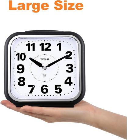 Tinload 5.5" Large No Ticking Analog Alarm Clock,Silent Readable for Seniors,Easy to Set,Gradual Rise Alarm,Big Numbers,Gentle Wake,Snooze, Lighted on Demand,Battery Operated,Black