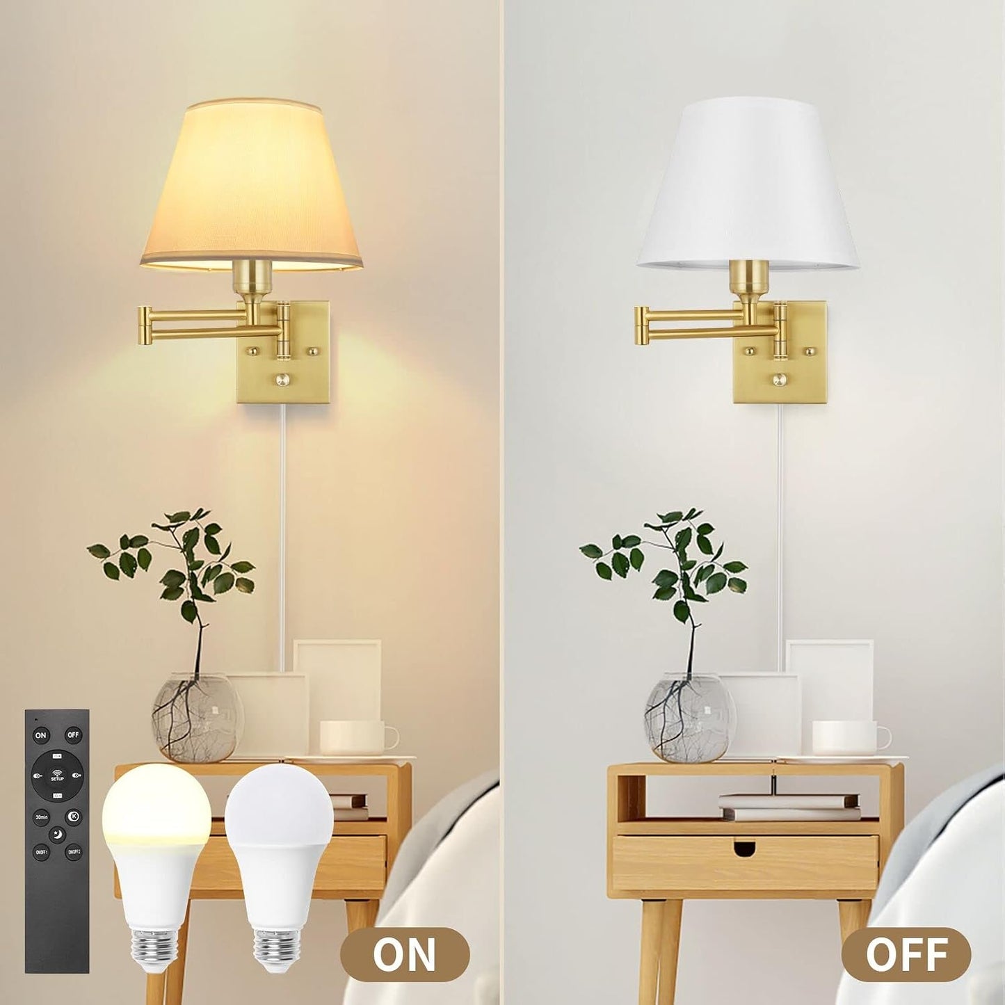 TRLIFE Wall Sconce Plug in, Dimmable Wall Sconces Set of Two Swing Arm Wall Lights with Plug in Cord and On/Off Dimmer Rotary Switch, 9.4" Medium Beige Fabric Shade(2 Pack, 2 Bulbs)