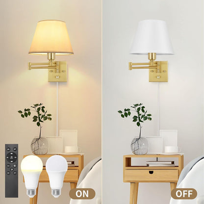 TRLIFE Wall Sconce Plug in, Dimmable Wall Sconces Set of Two Swing Arm Wall Lights with Plug in Cord and On/Off Dimmer Rotary Switch, 9.4" Medium Beige Fabric Shade(2 Pack, 2 Bulbs)