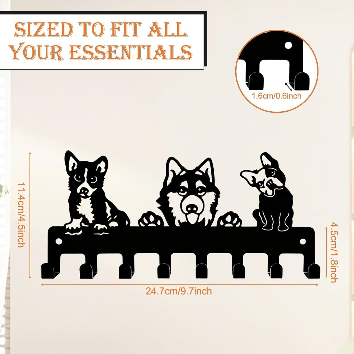 Dog Leash Holder for Wall, Key Holder Mount with 5 Metal Hooks, Pet Leash and Key Organizer, Screw Mounted Rack for Leashes Keys Collars, Entryway Garage Mudroom