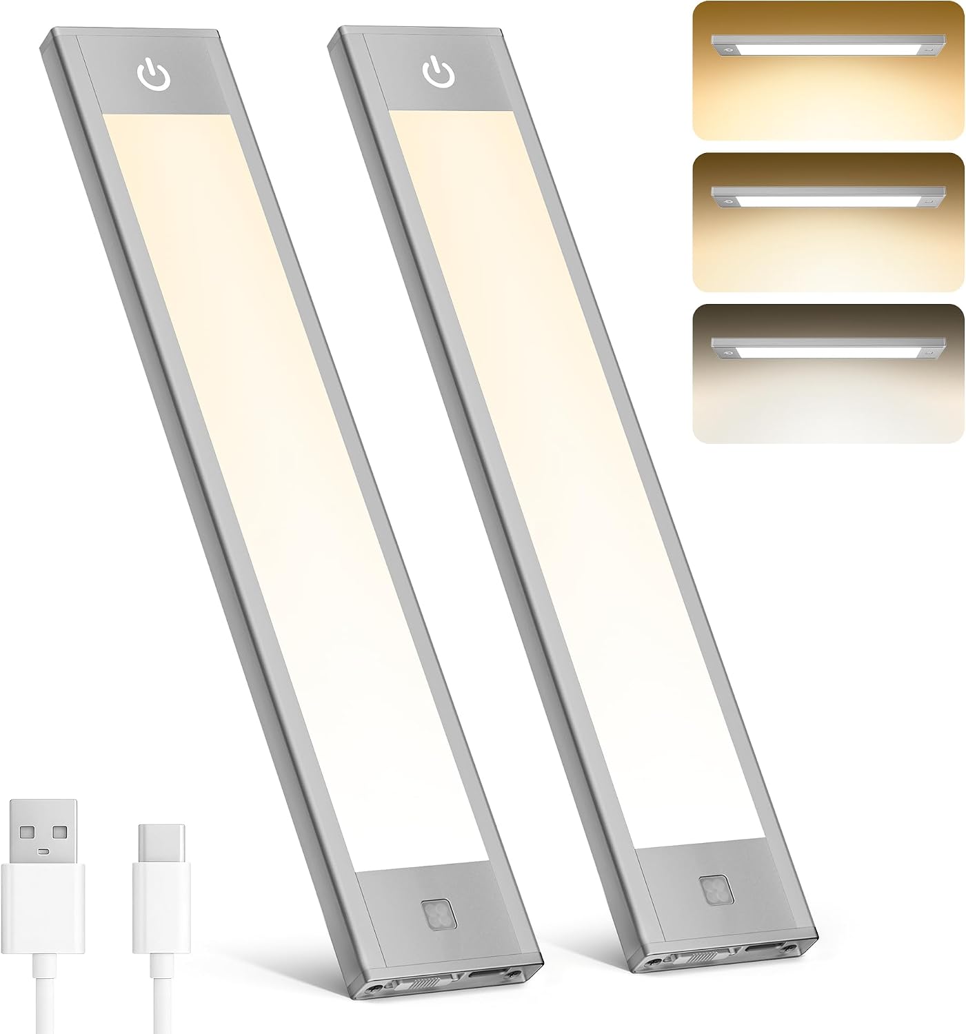 V4light Motion Sensor Cabinet Light, Rechargeable, Dimmable, 2Pcs, 9in | Gold aluminum, magnetic wireless, 1800mAh, 3 color temps & dimmable, ideal for kitchen cabinets, shelves & closets